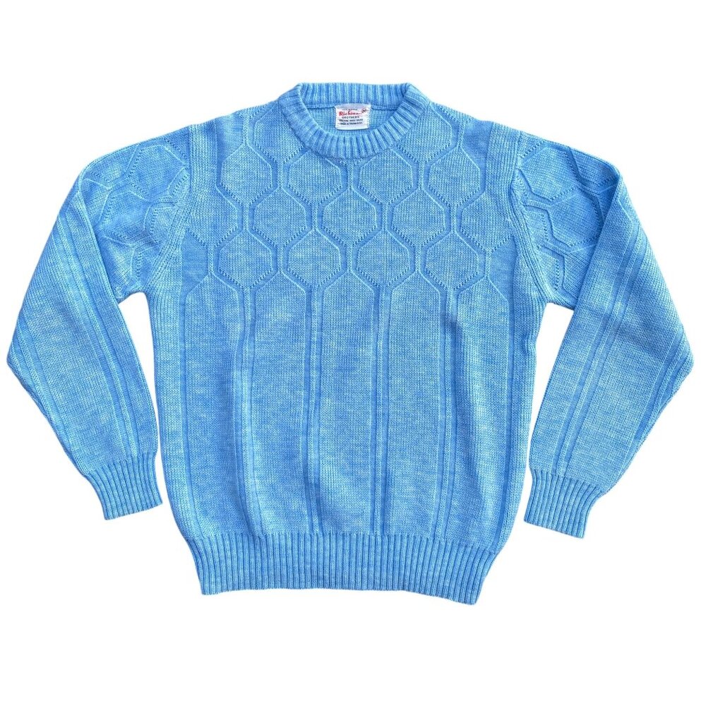 Vintage Richman Brothers 70s Sweater Mens Sz M Blue Diamond Stripe Grandpa